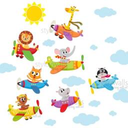 Airplanes Wall Decal, Sticker, Animals With Flying Jungle Safari Kids Nursery Baby Room Decor - thumbnail 1