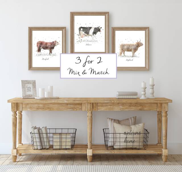 Watercolour Cow Wall Art Prints, Set Of Gift, Painting, Breeds, Highland Cow, Cattle Print, Country Home Decor, Farm - image 1