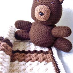 Crochet Baby Blanket, Blanket With Teddy Bear, Chocolate Tan Beige Shower Gift, For Boy - thumbnail 2