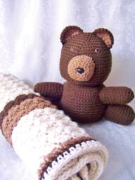 Crochet Baby Blanket, Blanket With Teddy Bear, Chocolate Tan Beige Shower Gift, For Boy