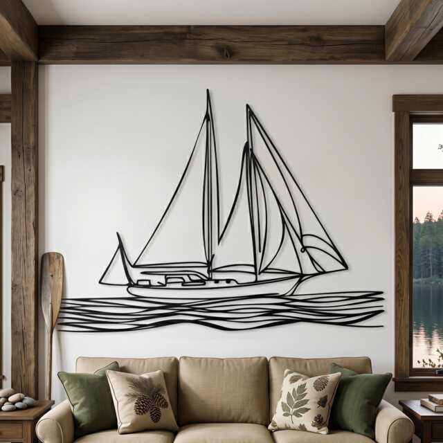 Sailboat Metal Wall Art - Nautical Line Sculpture Coastal Lake House Decor - image 1
