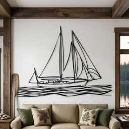 Sailboat Metal Wall Art - Nautical Line Sculpture Coastal Lake House Decor - thumbnail 1