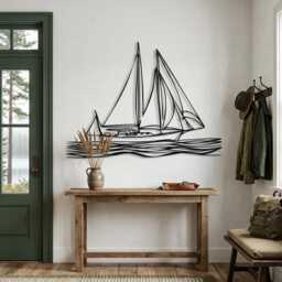 Sailboat Metal Wall Art - Nautical Line Sculpture Coastal Lake House Decor - thumbnail 3