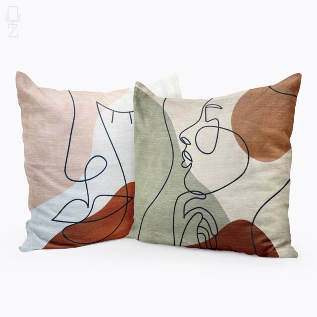 Abstract Woman Face Velvet Cushion Covers Brown & Green, Set Of 2 - image 1
