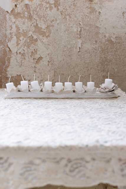 Handmade Ceramic Menorah Candle Holder - White Flowers Or Lace Hanukkah Decor Modern For - image 1