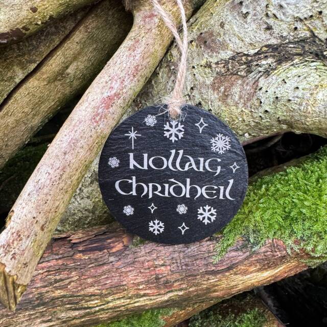Slate Christmas Tree Decoration, Gaelic Merry Christmas, Snowflake Star - image 1