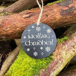 Slate Christmas Tree Decoration, Gaelic Merry Christmas, Snowflake Star - thumbnail 2