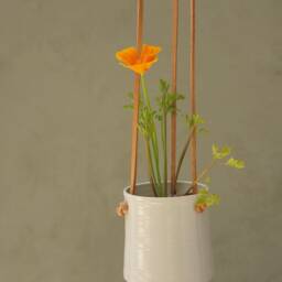 White Hanging Planter With Leather Straps - Minimalist Pottery - thumbnail 2