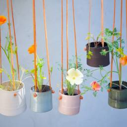 White Hanging Planter With Leather Straps - Minimalist Pottery - thumbnail 4