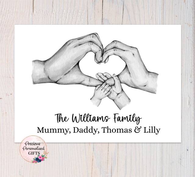 Personalised Family Print, Family Of 4 Print, Hands New Baby Gift