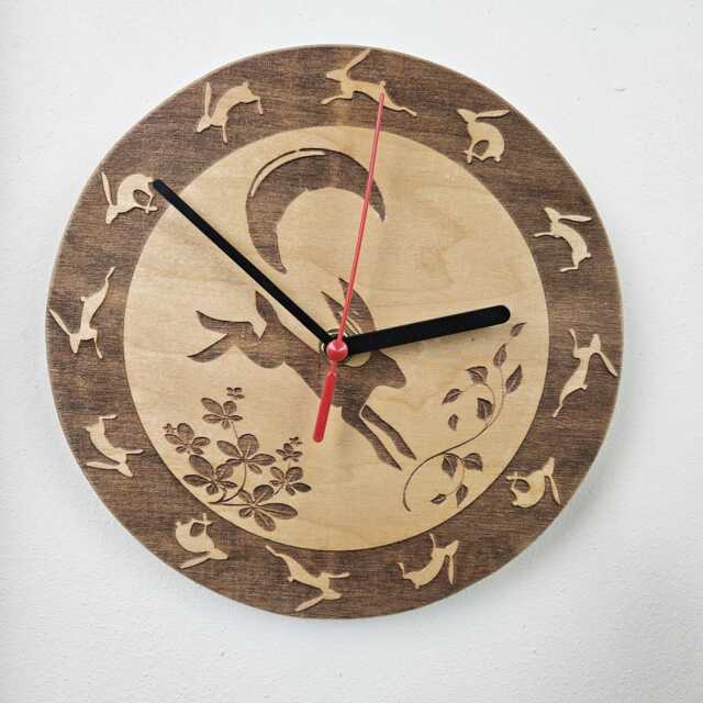 Leaping Hare Wooden Clock, Engraved Wood Wildlife Picture, Moon Gazing Animal Decoration, Farmhouse Style Natural Decor - image 1