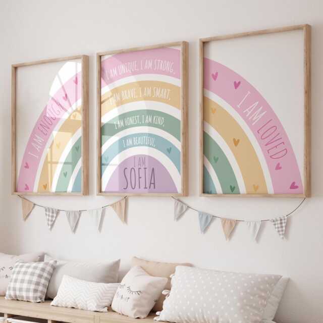 Set Of 3, Positivity Print, Girls Affirmation Rainbow Bedroom Prints, Loved, Nursery Wall Art - image 1