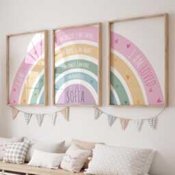 Set Of 3, Positivity Print, Girls Affirmation Rainbow Bedroom Prints, Loved, Nursery Wall Art - thumbnail 1