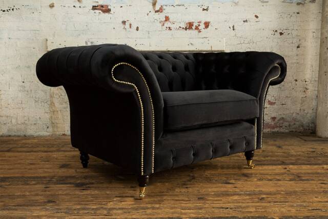 Black Velvet Chesterfield Snuggle Chair, British Handmade - image 1