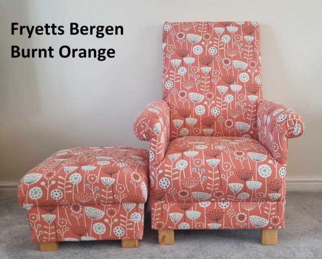 Fryetts Bergen Floral Adult Armchair & Footstool Set - Ochre Accent Chair Nursery Flowers Blue Orange Chairs - image 1