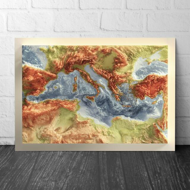 Mediterranean Bathymetry Print - Topographical Map -Europe Italy Greece Turkey -Spain France Wall Art Poster - image 1