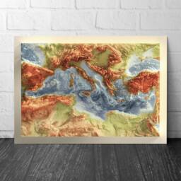 Mediterranean Bathymetry Print - Topographical Map -Europe Italy Greece Turkey -Spain France Wall Art Poster - thumbnail 1