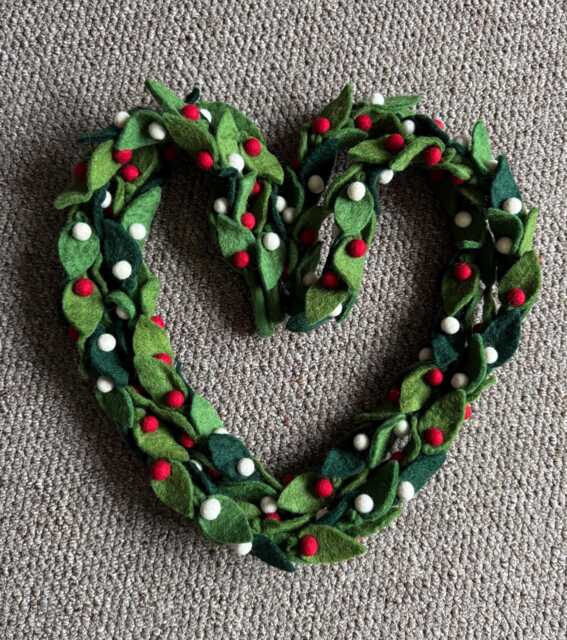 Felt Christmas Garland, Handfelted in Nepal, Felted Holly Decoration
