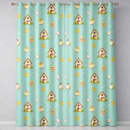 Cute Cartoon Chickens Farmhouse Pattern Soft Mint Background Seamless Readymade Eyelet Ring Top Thermal 100% Blackout Curtains - thumbnail 2