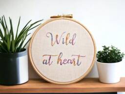 Text Hand Embroidery Hoop Art - Wild At Heart Wall Hanging- Inspirational Gift For Friend Handmade in The UK