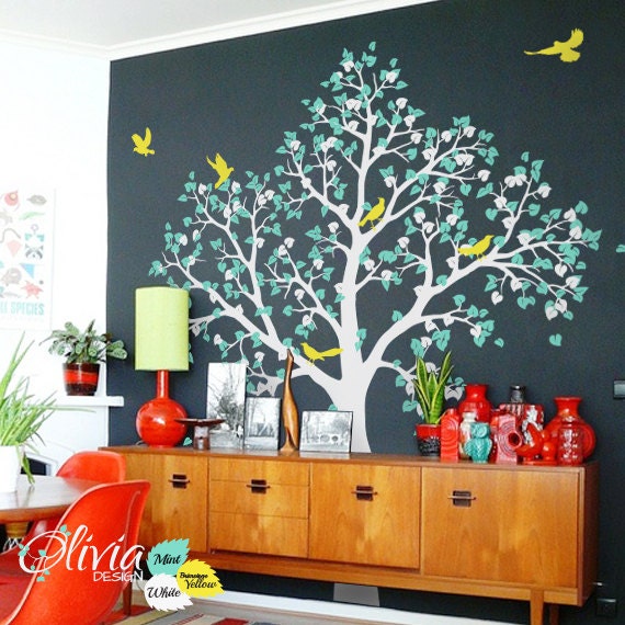 White Tree Wall Mural. Baby Nursery Decal. With Birds -Nt043 - image 1