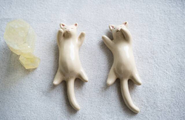 Handmade Ceramic Set Of Two Sleeping Cat Figurines - image 1