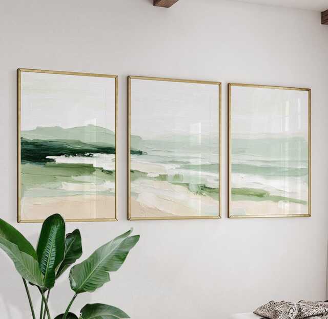 Abstract Coastal Wave Posters - Green Neutral Seascape Wall Art Set Of 3 - image 1
