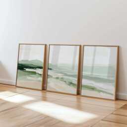 Abstract Coastal Wave Posters - Green Neutral Seascape Wall Art Set Of 3 - thumbnail 2