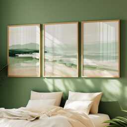 Abstract Coastal Wave Posters - Green Neutral Seascape Wall Art Set Of 3 - thumbnail 3