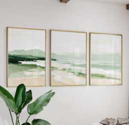 Abstract Coastal Wave Posters - Green Neutral Seascape Wall Art Set Of 3 - thumbnail 1