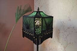 Green & Black Victorian Lampshade Beaded Fringe, Hand-stitched Velvet