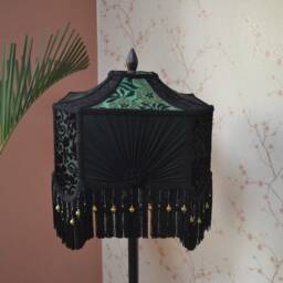 Green & Black Victorian Lampshade Beaded Fringe, Hand-stitched Velvet - thumbnail 2