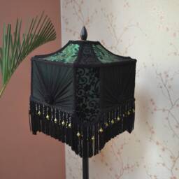 Green & Black Victorian Lampshade Beaded Fringe, Hand-stitched Velvet - thumbnail 3