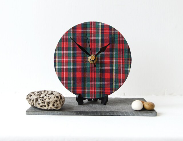 Tartan Desk Clock - Decoupage Fabric Plaid Red & Green Chequered Scottish - image 1