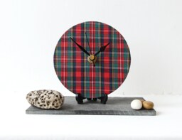 Tartan Desk Clock - Decoupage Fabric Plaid Red & Green Chequered Scottish