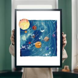 Solar System Illustration in Spanish, Watercolor Illustration, Planets Print 21x30, Wall Decor, Room Decor - thumbnail 1