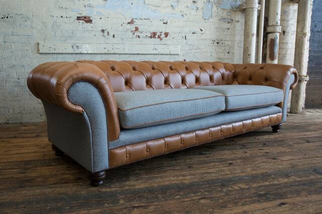 4 Seater Tan Brown Leather & Grey Wool Chesterfield Sofa, British Handmade - image 1