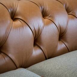 4 Seater Tan Brown Leather & Grey Wool Chesterfield Sofa, British Handmade - thumbnail 4