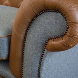 4 Seater Tan Brown Leather & Grey Wool Chesterfield Sofa, British Handmade - thumbnail 2