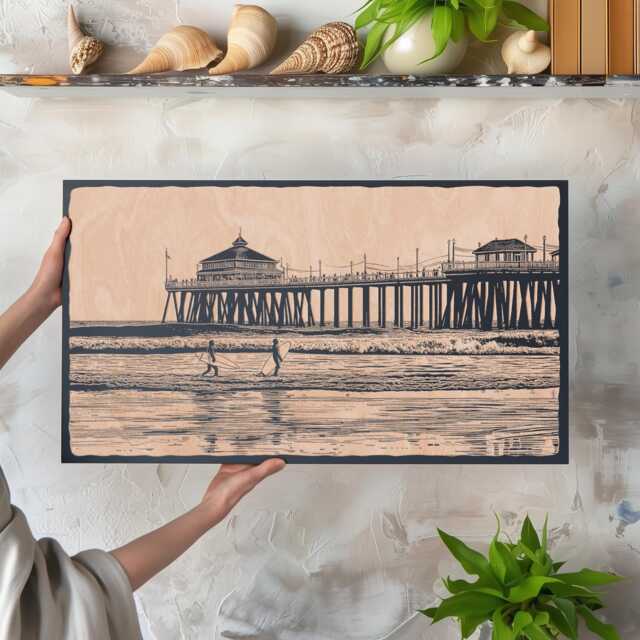 Huntington Beach Wall Art - California Lifestyle, Engraved Wood Lithograph Illustration, Surfing Home Art, Coastal Surf Life Print Gift - image 1