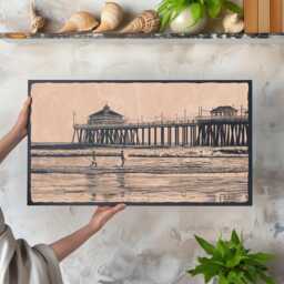 Huntington Beach Wall Art - California Lifestyle, Engraved Wood Lithograph Illustration, Surfing Home Art, Coastal Surf Life Print Gift - thumbnail 1