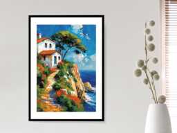 Cliffside Retreat - Abstract Art Coast Sea Lemon Fruit Summer Wall Print Gift Idea Bespoke Poster A5 A4 A3 Framed Or Unframed - thumbnail 1