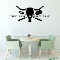 Cow Skull - Chillin' N Grillin' Decal Wall Quote Longhorn Cow Bbq Restaurant Kitchen Dining Room Art Vinyl Sticker Beef - thumbnail 2