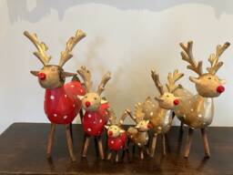 Set Of 3 Handmade Wooden Reindeer Christmas Wood Natural Decorations Carving Festive Red Gold