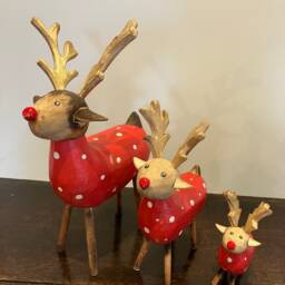 Set Of 3 Handmade Wooden Reindeer Christmas Wood Natural Decorations Carving Festive Red Gold - thumbnail 2