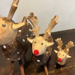 Set Of 3 Handmade Wooden Reindeer Christmas Wood Natural Decorations Carving Festive Red Gold - thumbnail 4