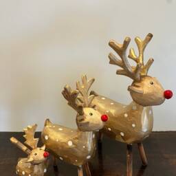 Set Of 3 Handmade Wooden Reindeer Christmas Wood Natural Decorations Carving Festive Red Gold - thumbnail 3