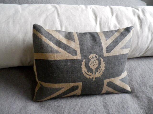 Hand Printed Grey Blue Scottish Thistle Union Jack Cushion Cover - image 1
