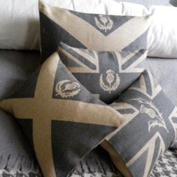 Hand Printed Grey Blue Scottish Thistle Union Jack Cushion Cover - thumbnail 3