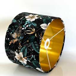 Teal Green Blossom Print Velvet Drum Lamp Shade - Handmade - thumbnail 2